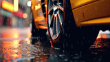 Fototapeta  - Close-up of a car tire driving through a puddle of water