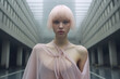 Solemn model with straight pink bob haircut, draped in a sheer blouse, in a minimalist interior with symmetrical architecture.