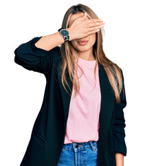 Sticker - Hispanic young woman wearing business jacket and glasses covering eyes with hand, looking serious and sad. sightless, hiding and rejection concept