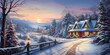 © Sunshower Shots - Homes in the snowy winter forest with decorated outdoor Christmas trees, wide banner, painting