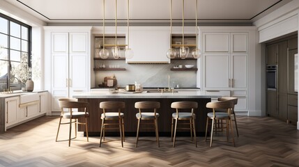 Elegant modern kitchen with dark wood floors and gold accents