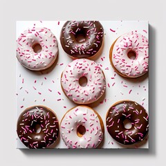 Wall Mural - donuts framed picture on white background with pink sprinkles bizarre juxtapositions