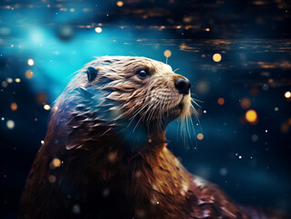 Wall Mural - A Double Exposure Style Silhouette of an Otter with a Space Scene Background
