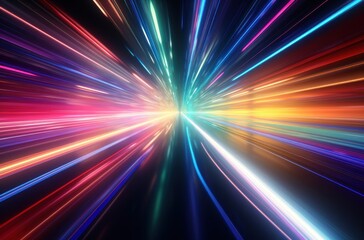 Canvas Print - a bright green, blue, purple, and red light trail moving through some space,