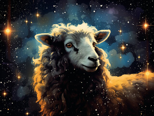 Wall Mural - A Double Exposure Style Silhouette of a Sheep with a Space Scene Background