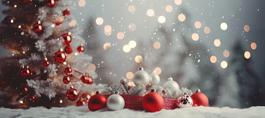 Wall Mural - Christmas and winter celebration background wallpaper, Christmas baubles or balls with glitter glow snow fall bokeh lights, Generative Ai