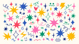 Fototapeta Dinusie - Vector set of hand drawn various colourful funny stars, sparks, wave shapes and comic creatures faces. Cute doodle design elements.