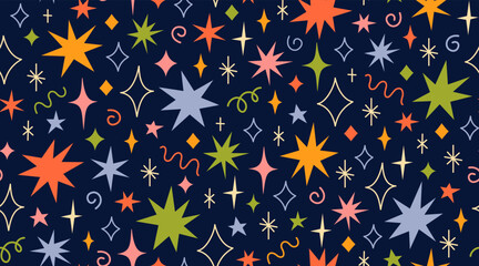 colourful funny vector seamless pattern with random various hand drawn doodle stars and sparks. chri