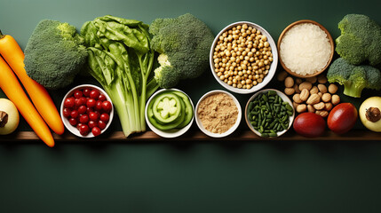 Composition with different products rich in protein on dark background, top view