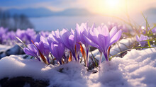 Beautiful Crocus Flowers In The Mountains At Sunset. First Spring Flowers.
