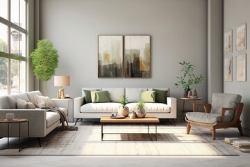 Wall Mural - Poster above grey sofa in simple living room interior.