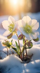 Sticker - A couple of white flowers that are in the snow, beautiful winter hellebores.