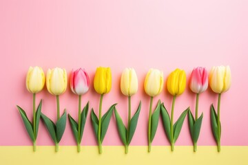 Wall Mural - A beautiful row of yellow and pink tulips arranged on a vibrant pink and yellow background. Perfect for springtime and floral-themed designs