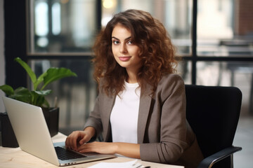 Wall Mural - Woman sitting in front of laptop computer. Suitable for technology, work, and communication concepts.