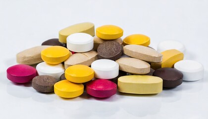 stack of multicolor pharmaceutical vitamin pills on isolated 