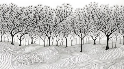 A black and white drawing of trees in a field, AI