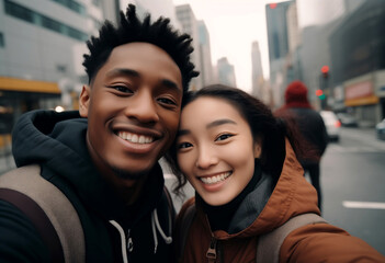 Happy multiracial couple taking selfie traveling - Beautiful boyfriend and girlfriend having fun in big city