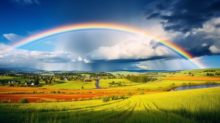  The vibrant colors of a rainbow arching over a quaint countryside after a passing storm.