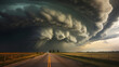 Dramatic supercell storm, with swirling, ominous clouds, hovers over a quiet rural road. Extreme weather phenomena against the tranquility of the countryside