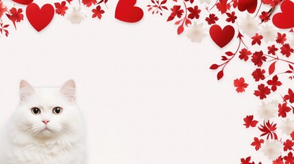 Wall Mural - Abstract pink flowers Background with cat with hearts for Valentines day, Illustration. Generative AI
