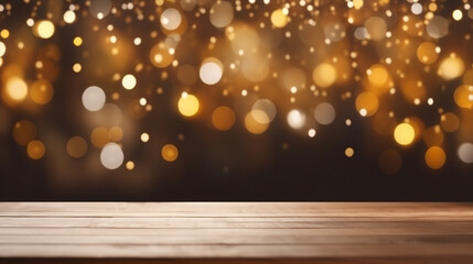 Empty wooden table top with Bokeh festive Christmas and New Years fairy lights. Festive theme. Stage for product design. Generative AI