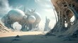 A surreal, alien desert with giant, crystalline structures rising from the sand.