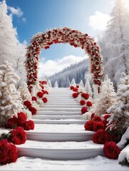 Wall Mural - wedding backdrop with christmas themed, heavy snow on the winding stair steps, staircase, floral arch, red and white roses covered with snow, white trees, forest background