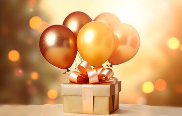 colorful bunch balloons with gift box flying on beige light boke