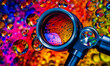 © Vadim - A techno poster LSD Raindrops Professional Microscope. A close up of a magnifying glass with soap bubbles