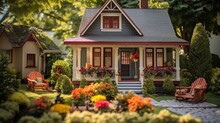 A Quaint Suburban Miniature Home Featuring A Charming Front Porch And Vibrant Landscaping.