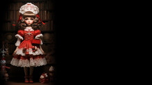 Illustration Of A Cute Blond Doll In Red Dress, White Lace, White Head Piece, Red Shoes, Gift Box, Isolated On Black Background With Shelves Of Old Books And Little Christmas Dolls, Copy Space, 16:9