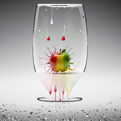 colorful apple splash in glass. Minimal creative San Valentine Day composition on grey background