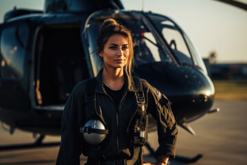 Female military pilot posing beside her helicopter, representing gender parity in the aviation industry