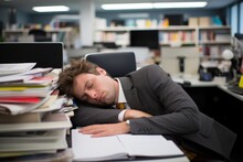 A Candid Shot Of An Office Manager Sleeping At The Desk, Illustrating The Challenges Of Maintaining Work-life Balance