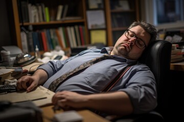 Wall Mural - Office manager napping at the desk, showcasing work fatigue in a candid photo, capturing the reality of workplace rest