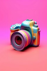 Wall Mural - bright glamorous digital camera on pink background. world photography day concept