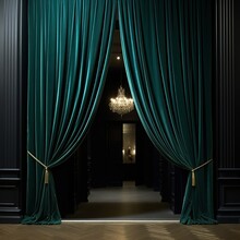 Grand Entrance With Opulent Teal Curtains Revealing A Room With An Ornate Chandelier