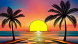 Sea beach with palms at sundown - Retro comics style seascape