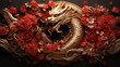 3D rendered festive background for Chinese New Year 2024, highlighting the dragon zodiac with red and gold palette, flowers, lanterns, and classic Asian details. ai generated.