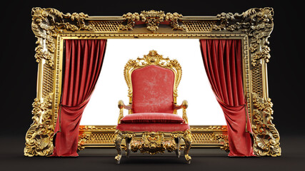 Wall Mural - 3D render of red armchair with golden retro gold frame on dark background