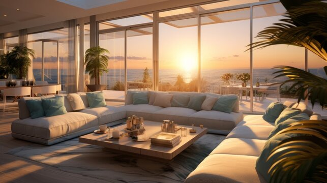 costal life interior design, photorealistic, high quality, livingroom, design golden hour, 16:9
