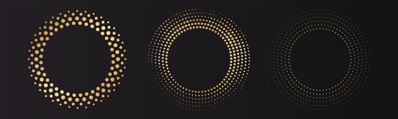 Wall Mural - Gold halftone round frame set. Golden luxury circle emblem. Dotted texture border. Vector illustration isolated on black background