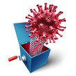 Surprise Infection Outbreak as a new virus pandemic or Novel epidemic viral infection as a jack in the box toy representing childhood infections or surprising disease as pneumonia or influenza and cor