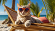 © tanya78 - Cute cartoon funny cat, wearing sunglasses, beach, palm trees journey