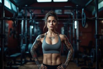 Canvas Print - A woman with tattoos on her arms and chest stands in a gym