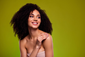photo of joyful pretty girl touch apply lotion with rejuvenation effect beauty over on green empty s