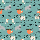 Fototapeta Dinusie - Vector seamless pattern with sloth, hippopotamus, zebra, bird.Tropical jungle cartoon creatures.Pastel animals background.Cute natural pattern for fabric, childrens clothing,textiles,wrapping paper.