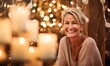 Happy smiling caucasian mature woman in holidays. Festive holiday feelings. Portrait of optimistic elegant female lady on bokeh lights background. Christmas anticipation concept in cozy shopping mall