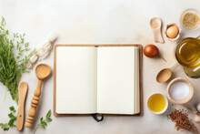 Blank Cookbook For Recipes With White Pages And Items Of Vegetables, Ingredients And Wooden Kitchen Utensils On The Table, Top View.generative Ai