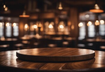 Wooden round table and pub or bar blur background